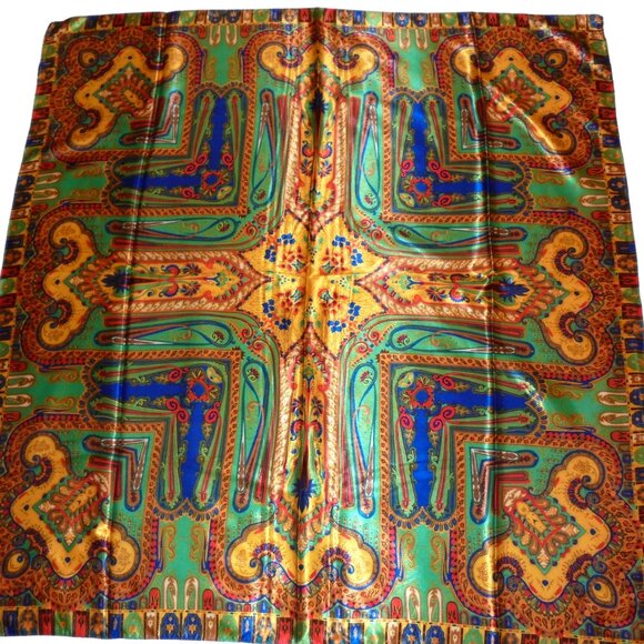 Satin Square Scarf Classic 33" x 35" NEW green- yellow-red abstract print - Picture 1 of 7